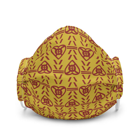 Face mask with West African Adinkra pattern meaning All Will Be Well, mustard