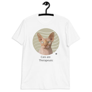 Short sleeve tee featuring an illustrator of a Sphynx with a message, white