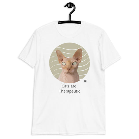 Short sleeve tee featuring an illustrator of a Sphynx with a message, white