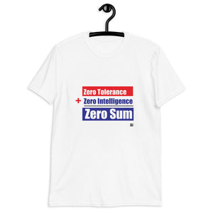 Short sleeve tee featuring a graphic display of a political message, white