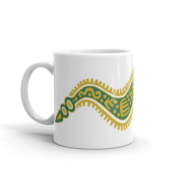 Mug, ceramic featuring an illustration of the feathered serpent Quetzalcoatl, white