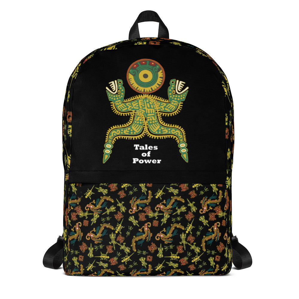 Backpack featuring pre-Columbian illustrations from Mexico.