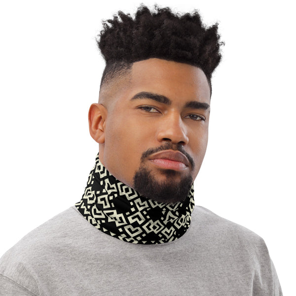 Face/neck/head cover featuring a pattern variation of a Boshongo textile motif, black