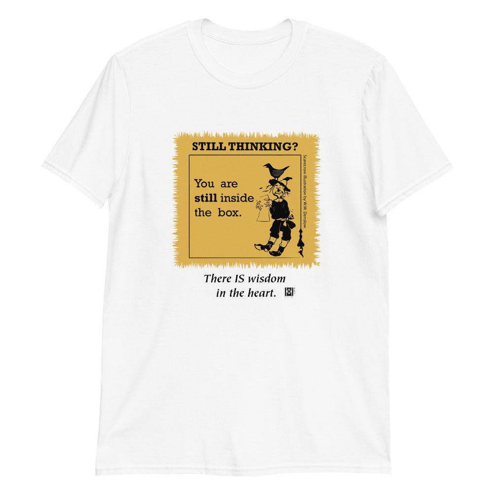 Short sleeve tee with a Denslow Scarecrow illustration and a message, white