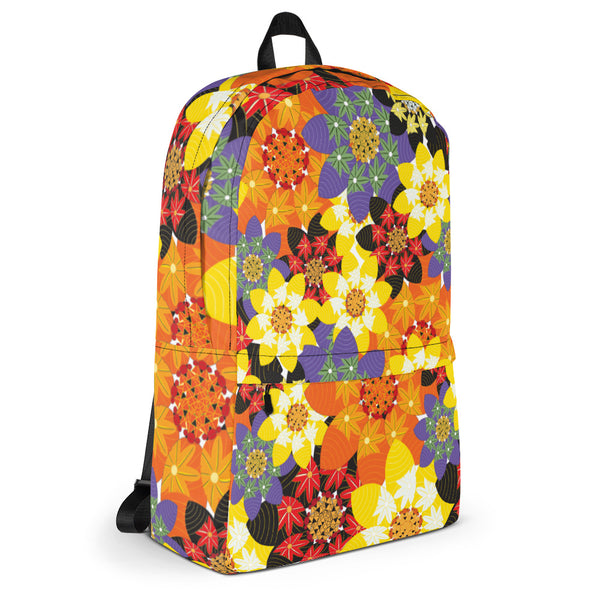 Bakcpack featuring an illustration of stylized flowers providing an explosion of color..