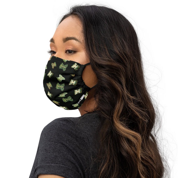 Face mask featuring a pattern of butterflie from ancient Mexicos, black