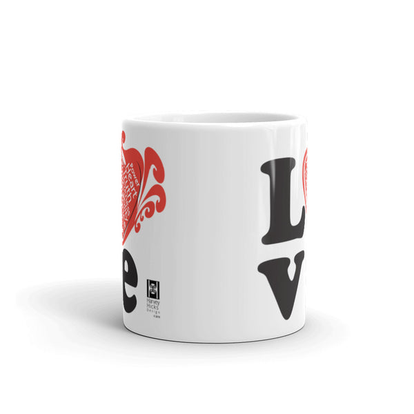 Mug, ceramic, featuring a graphic about love, white.