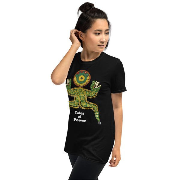 Short sleeve tee featuring illustration from pre-Columbian Mexico, black.