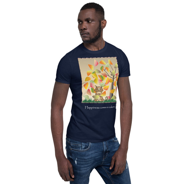 Short sleeve tee featuring a cat illustration with the message "Happiness comes in colors," navy