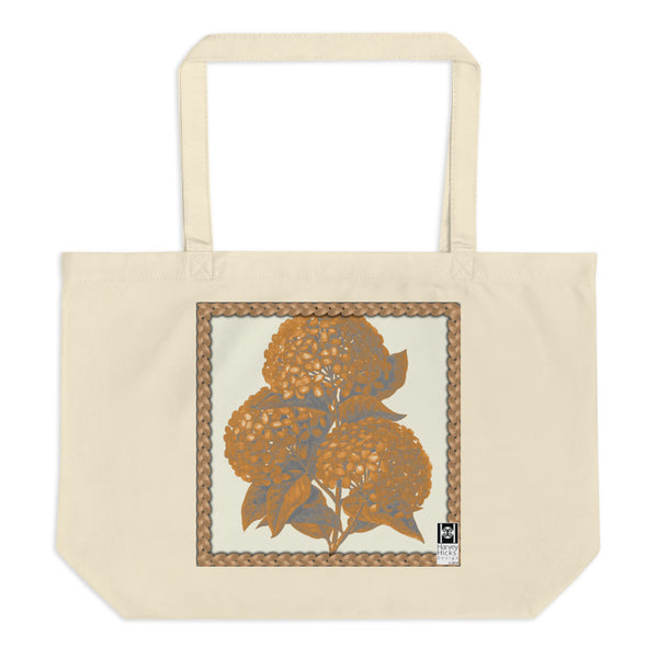 Large tote bag:, 100% organic cotton featuring a vintage illustration of a hydrangea