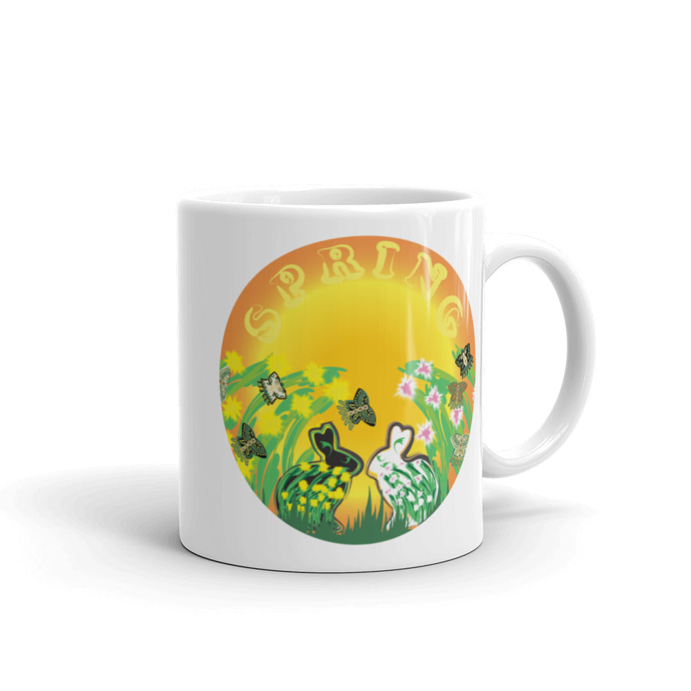Mug, ceramic featuring an original illustration celebrating Spring, white