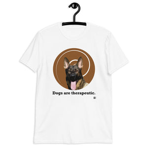 Short sleeve tee in white featuring the illustration of a German Shepherd with the message that "dogs are therapeutic."