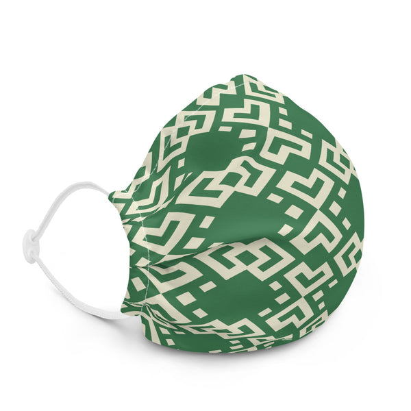 Face mask featuring a Boshongo textile motif, green