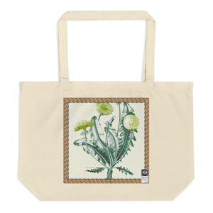 Large tote bag made from organic cotton featuring a vintage illustration of a dandelion