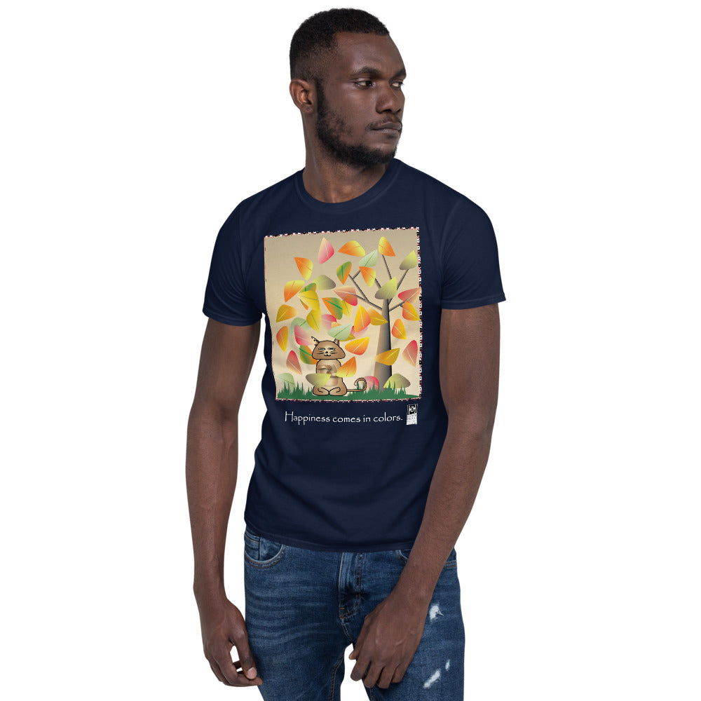 Short sleeve tee featuring a cat illustration with the message "Happiness comes in colors," navy