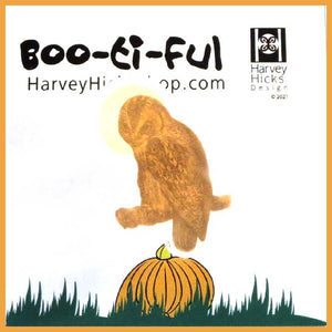 Halloween pin featuring an illustration of a tawny owl