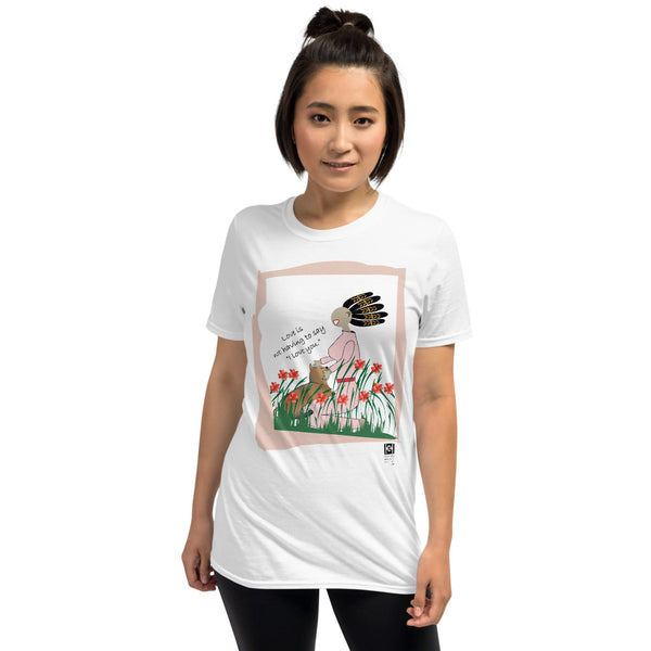 Short sleeve tee featuring a cat illustration with a message, white