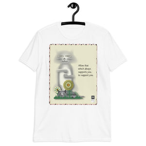 Short-sleeve tee in white that features a cat illustration, titled "Allowing,"